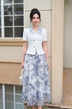 A4041 Áo Trắng Phối Lá Cổ Ánh Kim