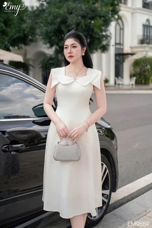 EM9659 Đầm Xoè Trắng Nơ Cổ