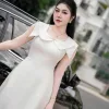 EM9659 Đầm Xoè Trắng Nơ Cổ