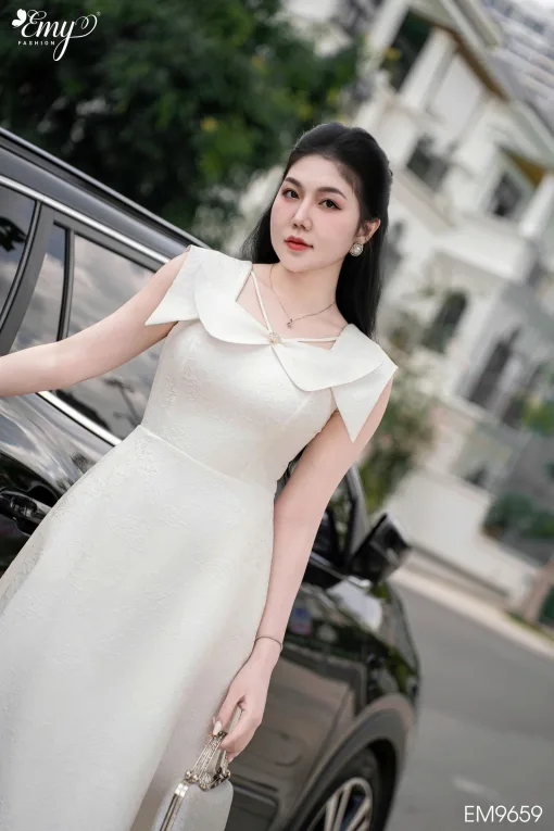 EM9659 Đầm Xoè Trắng Nơ Cổ