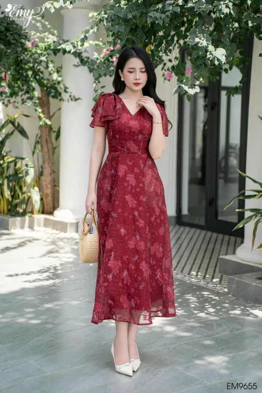 Đầm xòe dự tiệc đỏ sang trọng, nữ tính - EM9655