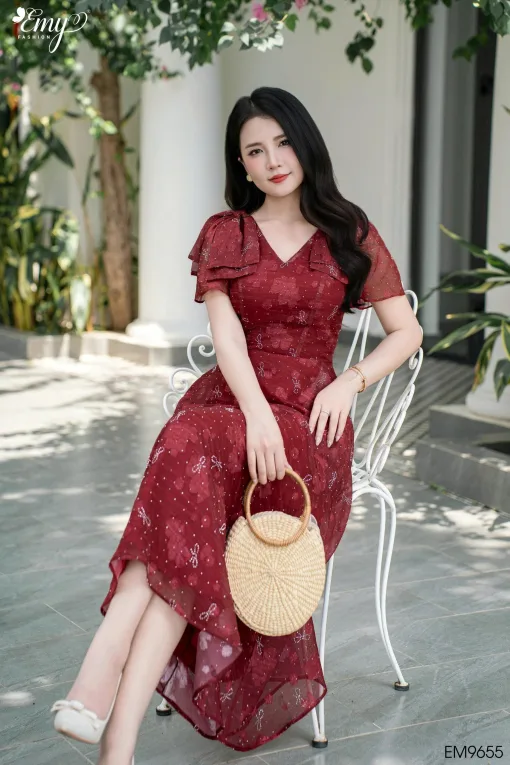 Đầm xòe dự tiệc đỏ sang trọng, nữ tính - EM9655