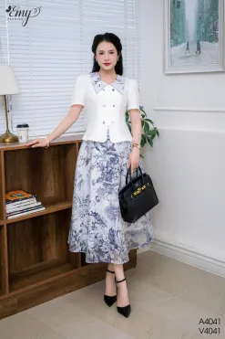 A4041 Áo Trắng Phối Lá Cổ Ánh Kim