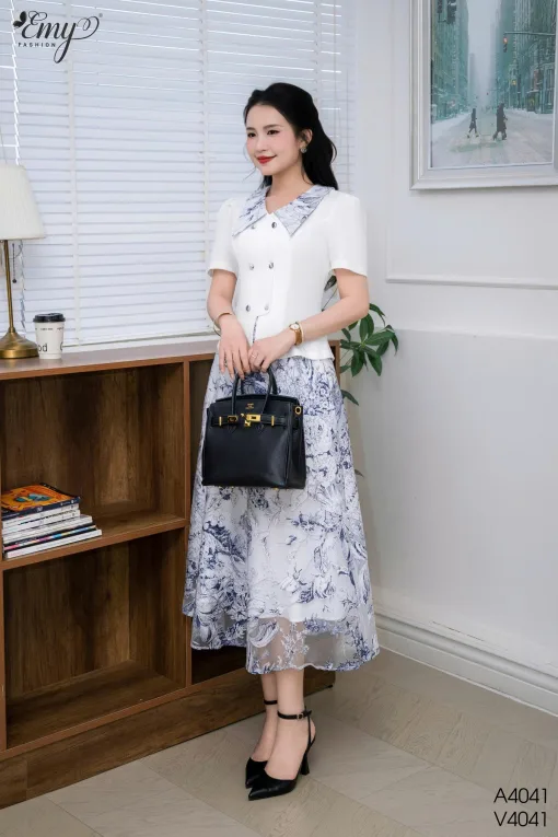 A4041 Áo Trắng Phối Lá Cổ Ánh Kim