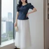 A2202 Áo Peplum Xanh Đen Phối Lá Cổ