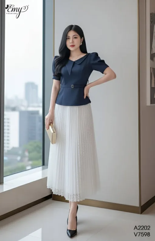 A2202 Áo Peplum Xanh Đen Phối Lá Cổ