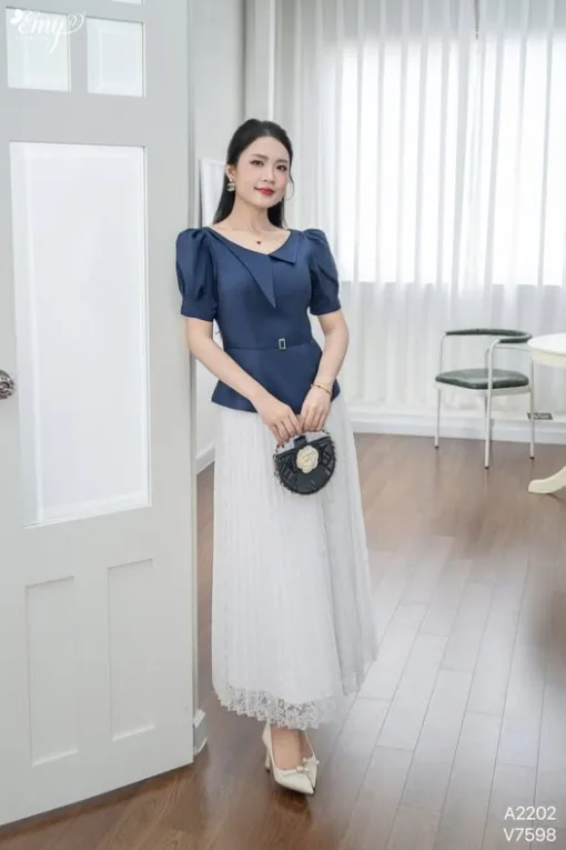 A2202 Áo Peplum Xanh Đen Phối Lá Cổ