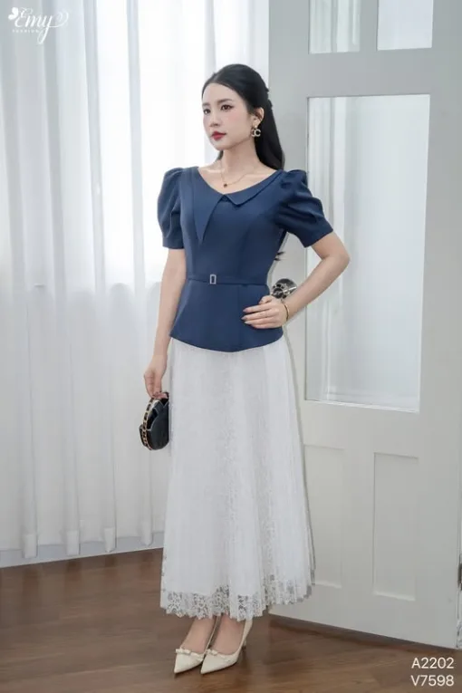 A2202 Áo Peplum Xanh Đen Phối Lá Cổ