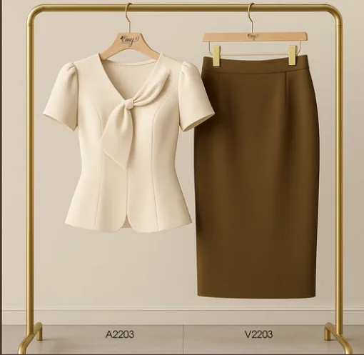 V2203 Chân Váy Bút Chì Nâu