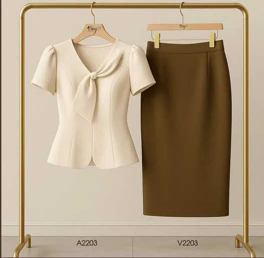 A2203 Áo Kem Phối Nơ V2203 Chân Váy Bút Chì Nâu