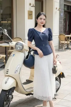 A2202 Áo Peplum Xanh Đen Phối Lá Cổ