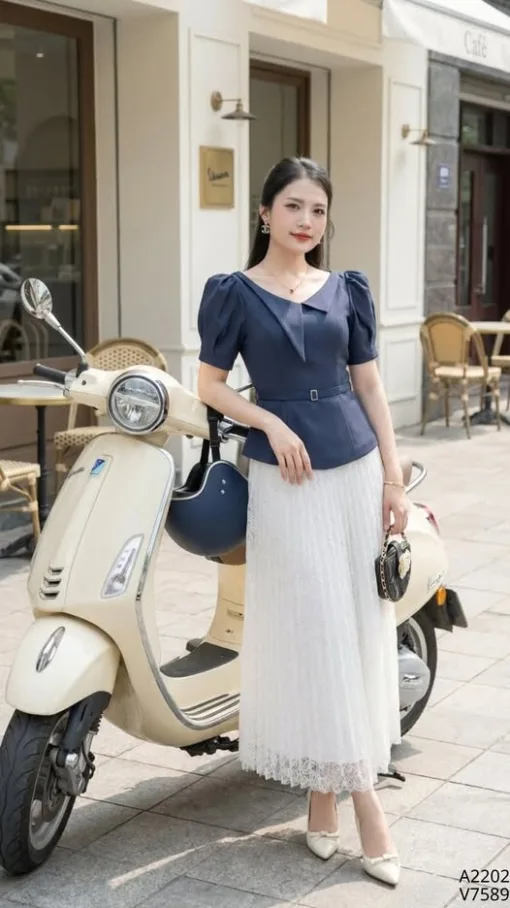 A2202 Áo Peplum Xanh Đen Phối Lá Cổ