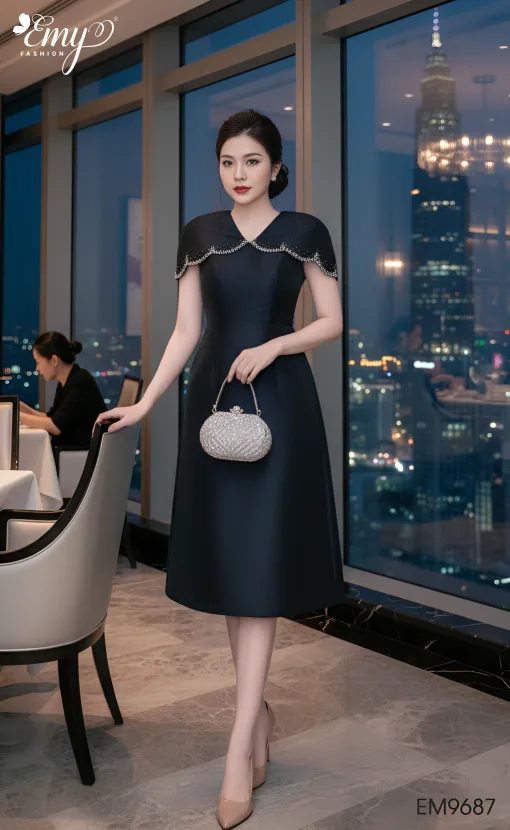 Đầm Xoè Dự tiệc Xanh Đen Vai Choàng Kết Hạt - EM9687