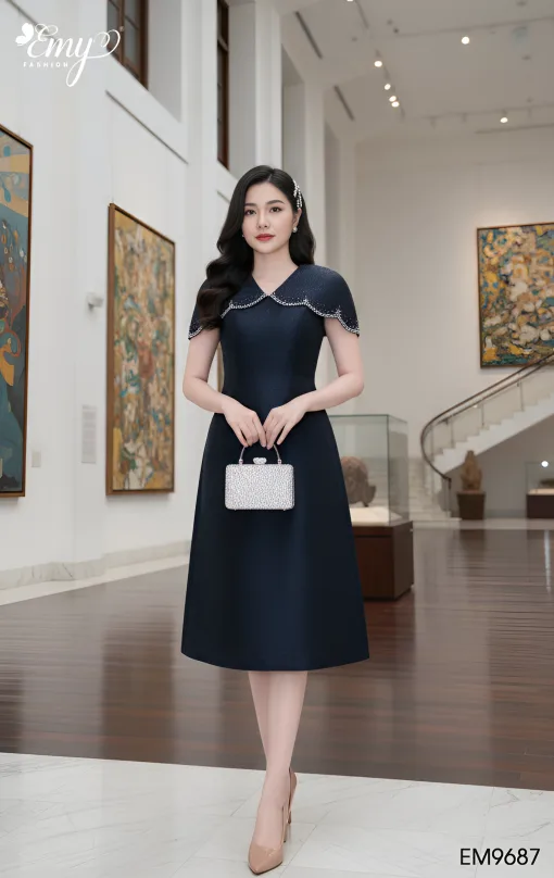 Đầm Xoè Dự tiệc Xanh Đen Vai Choàng Kết Hạt - EM9687