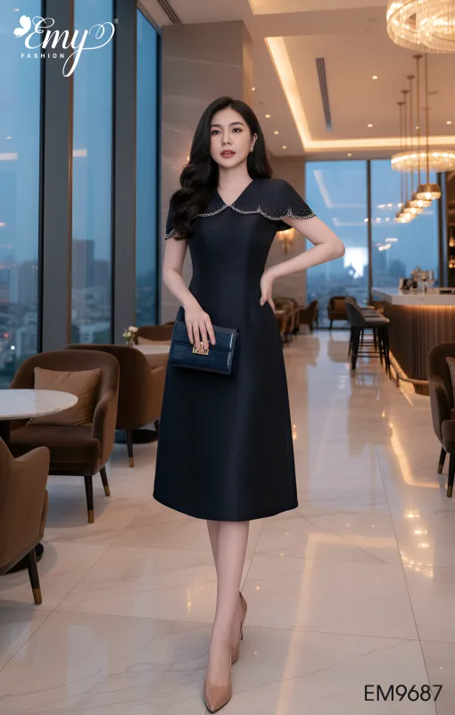 Đầm Xoè Dự tiệc Xanh Đen Vai Choàng Kết Hạt - EM9687