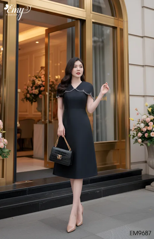 Đầm Xoè Dự tiệc Xanh Đen Vai Choàng Kết Hạt - EM9687