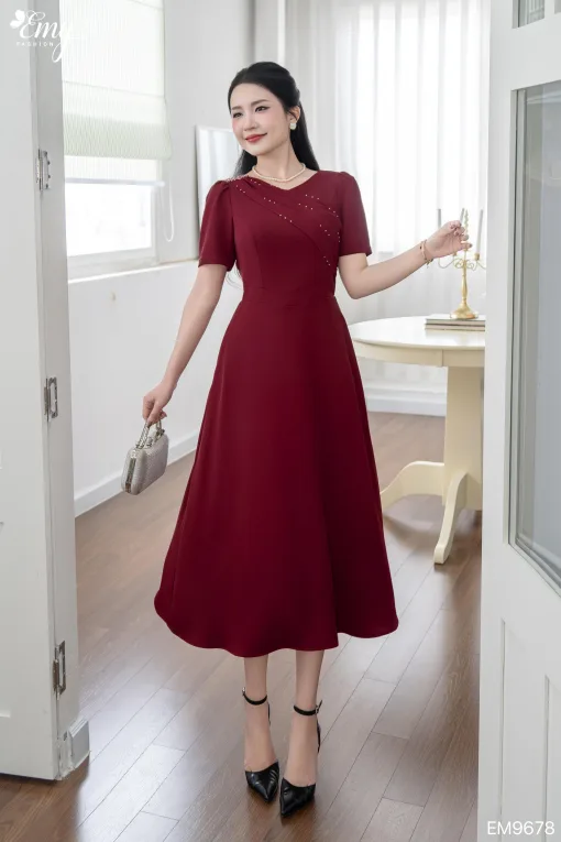 EM9678 Đầm xòe đỏ dự tiệc sang trọng