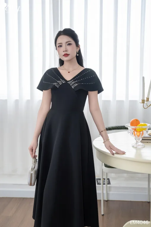 EM4046 Đầm Xoè Bẹt Vai Kết Hạt