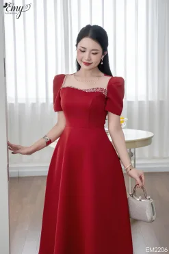 EM2206 Đầm Xoe Đỏ Cổ Phối Lưới