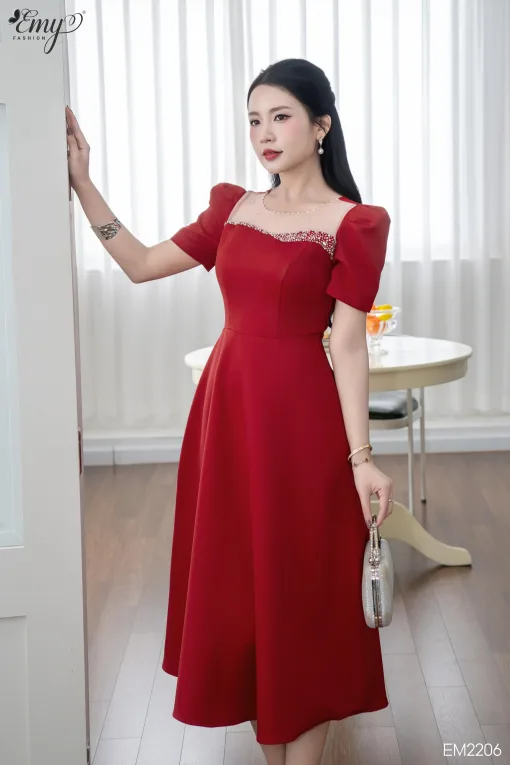 EM2206 Đầm Xoe Đỏ Cổ Phối Lưới