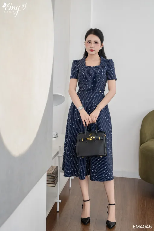 EM4045 Đầm Xoè Linen Kẻ Nơ Xanh Đen