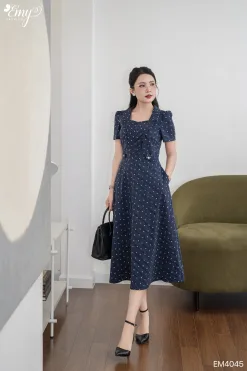 EM4045 Đầm Xoè Linen Kẻ Nơ Xanh Đen
