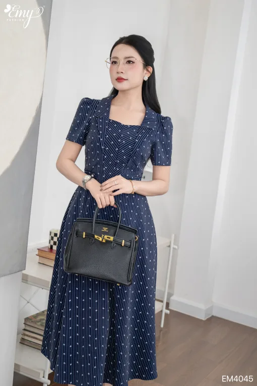 EM4045 Đầm Xoè Linen Kẻ Nơ Xanh Đen