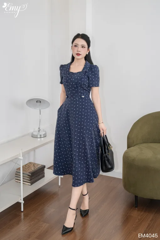 EM4045 Đầm Xoè Linen Kẻ Nơ Xanh Đen