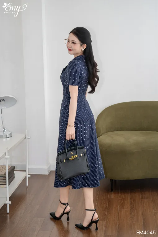 EM4045 Đầm Xoè Linen Kẻ Nơ Xanh Đen