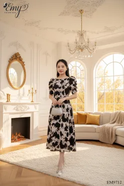EM9712 Đầm Xoè Nền Kem Hoạ Tiết Đen