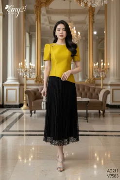 A2211 Áo Vàng Taffta Tay Nhún