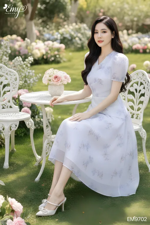 EM9702 Đầm Xoè Hoa Cổ V