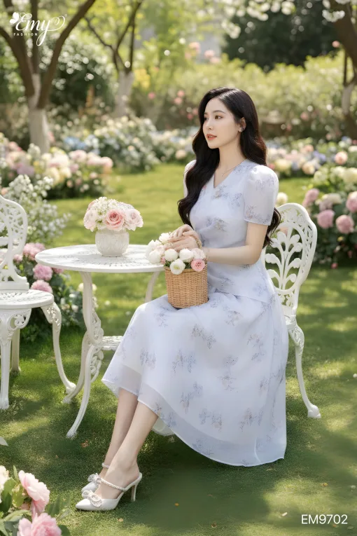 EM9702 Đầm Xoè Hoa Cổ V
