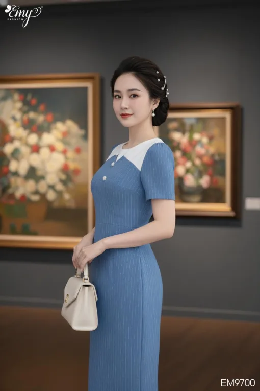 EM9700 Đầm Xoè A Cổ Phối Thanh Ngọc