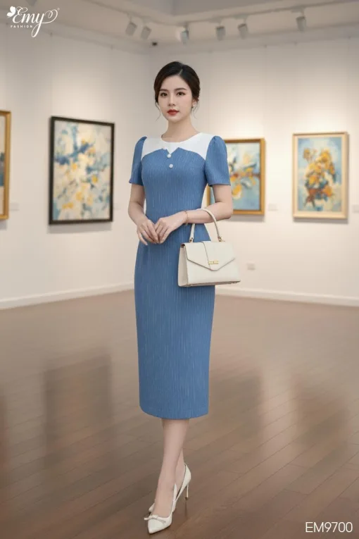 EM9700 Đầm Xoè A Cổ Phối Thanh Ngọc