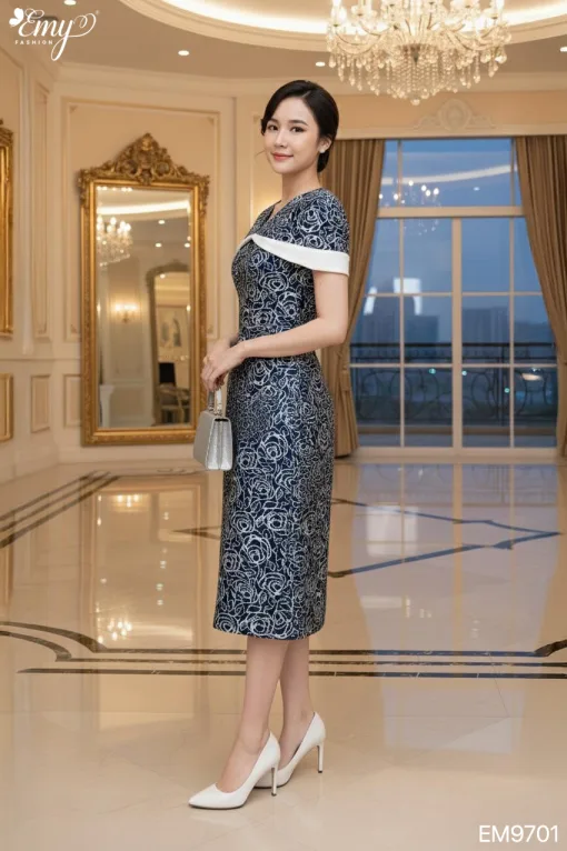 EM9701 Đầm Xoè Hoa Vai Choàng Phối