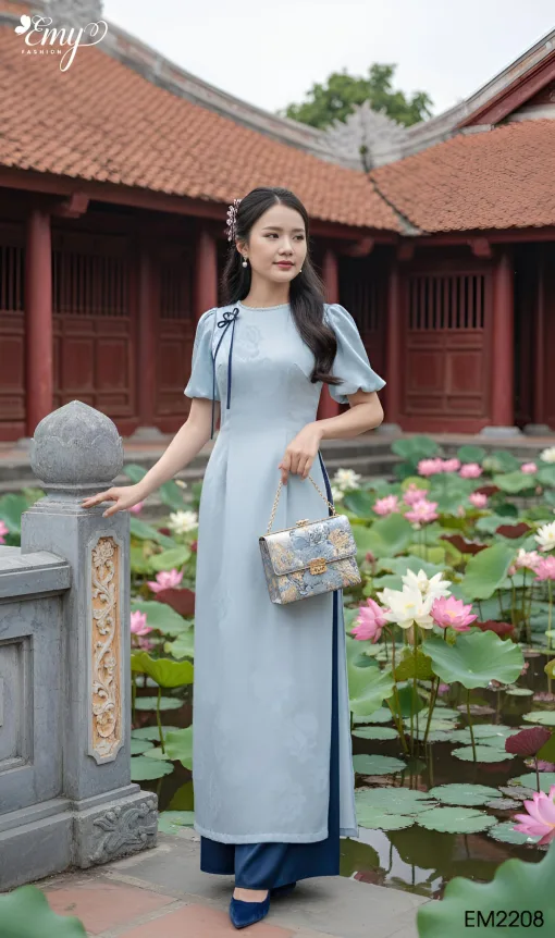 EM2208 Áo Dài Lụa Xanh Hoa Ẩn