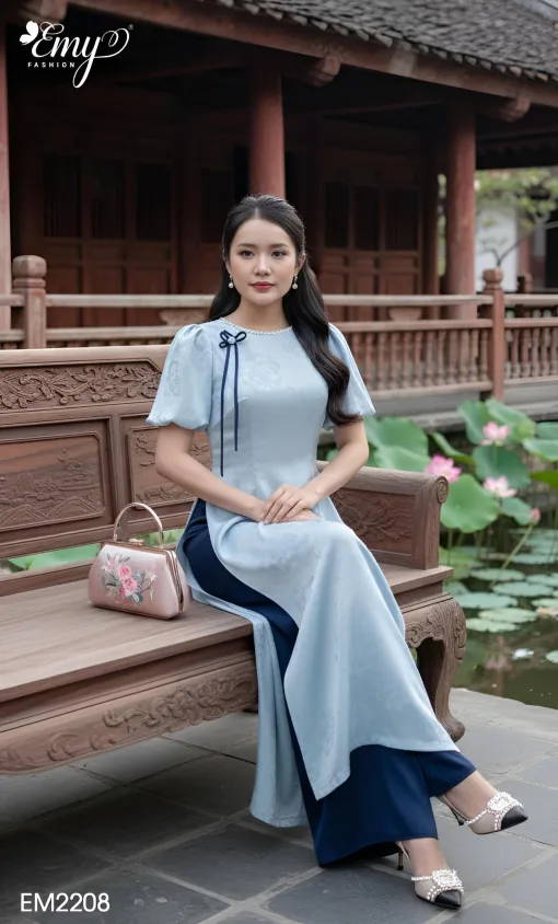 EM2208 Áo Dài Lụa Xanh Hoa Ẩn
