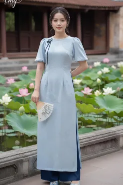 EM2208 Áo Dài Lụa Xanh Hoa Ẩn