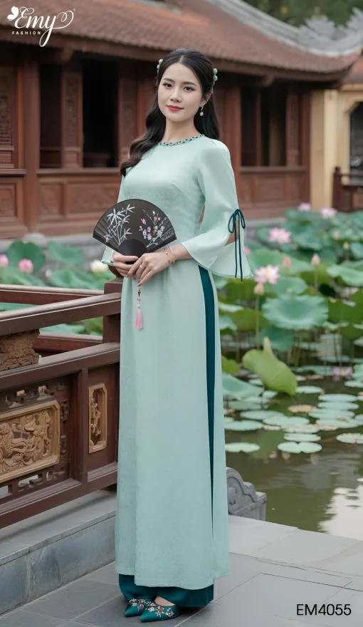 EM4055 Áo Dài Gấm Xanh HT Hoa