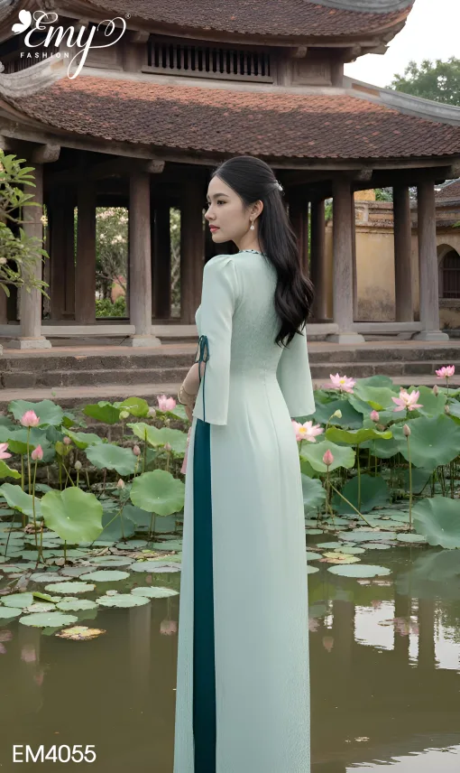 EM4055 Áo Dài Gấm Xanh HT Hoa