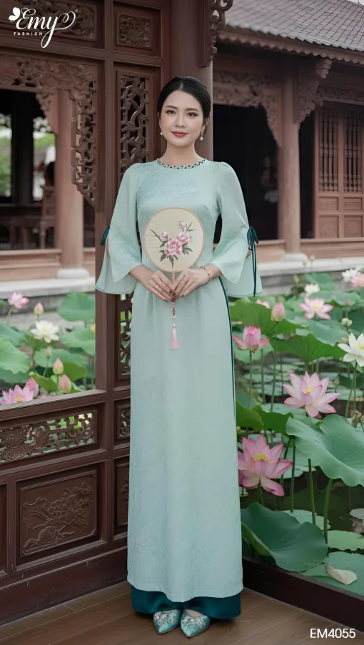 EM4055 Áo Dài Gấm Xanh HT Hoa