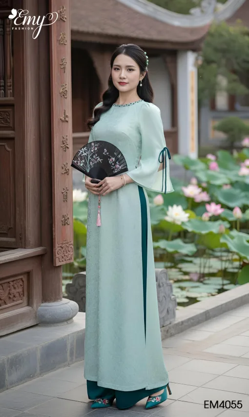 EM4055 Áo Dài Gấm Xanh HT Hoa