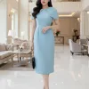 EM9698 Đầm Xoè A Vai Choàng Xanh