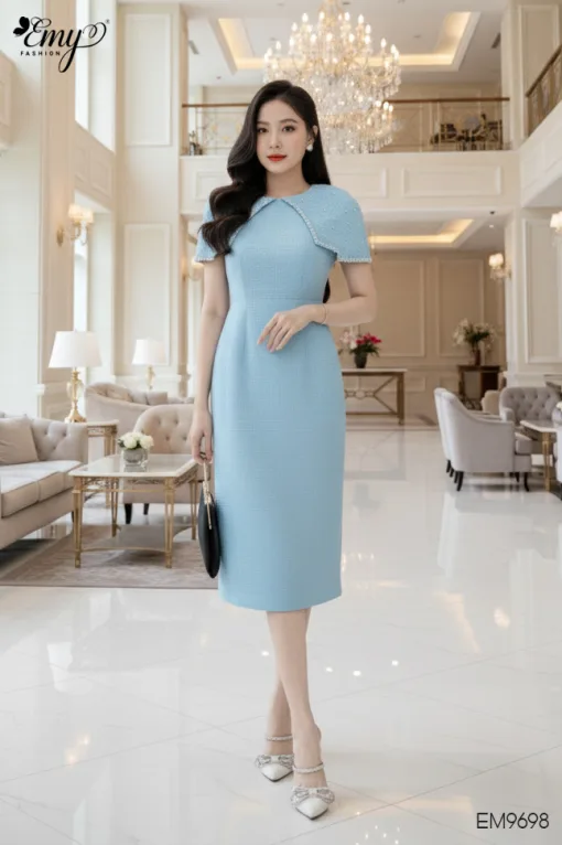 EM9698 Đầm Xoè A Vai Choàng Xanh