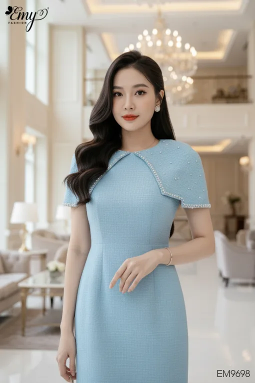 EM9698 Đầm Xoè A Vai Choàng Xanh