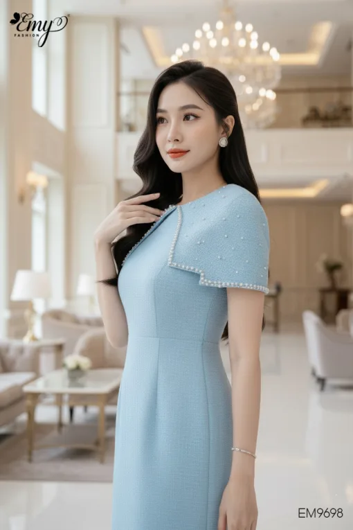 EM9698 Đầm Xoè A Vai Choàng Xanh