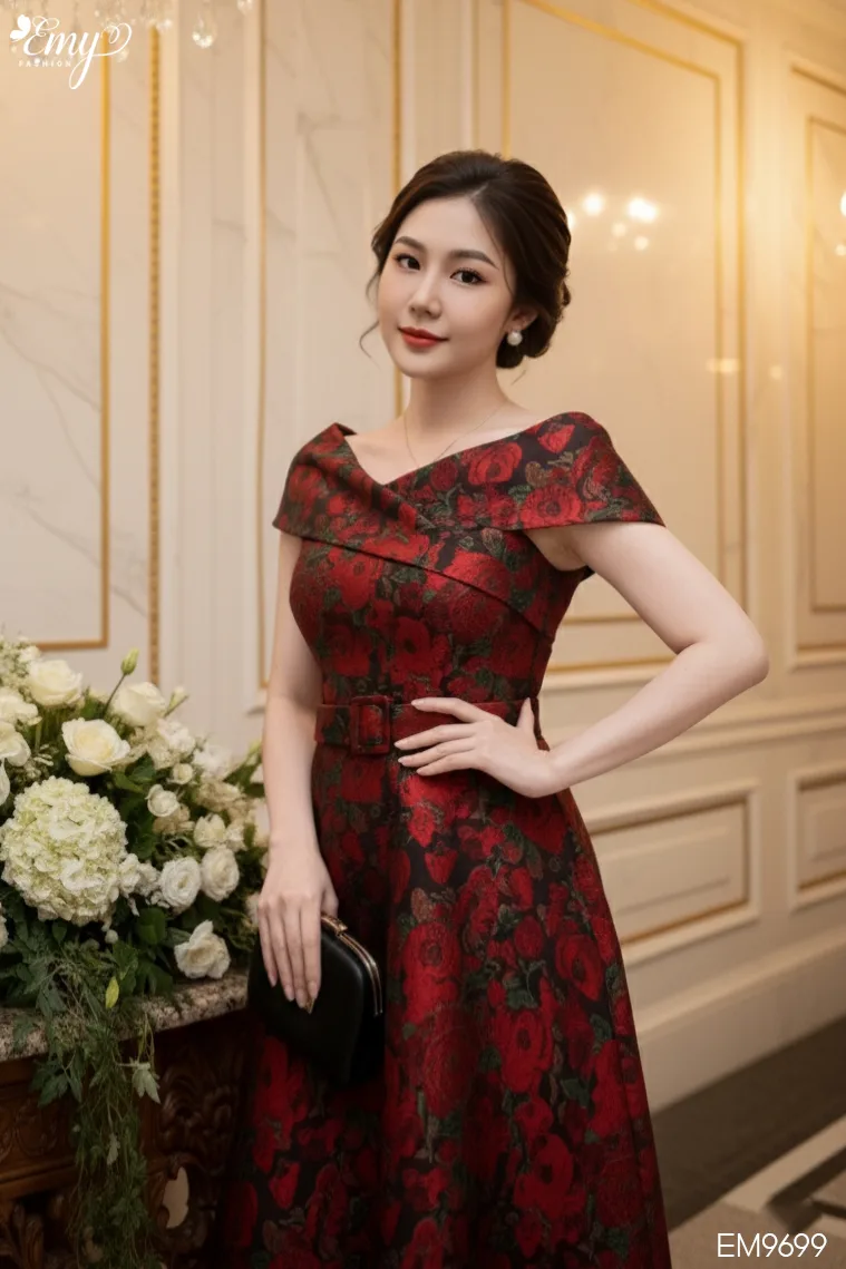 EM9699 Đầm Xoè Tafta Hoa Hồng Đỏ EM9699 Đầm Xoè Tafta Hoa Hồng Đỏ