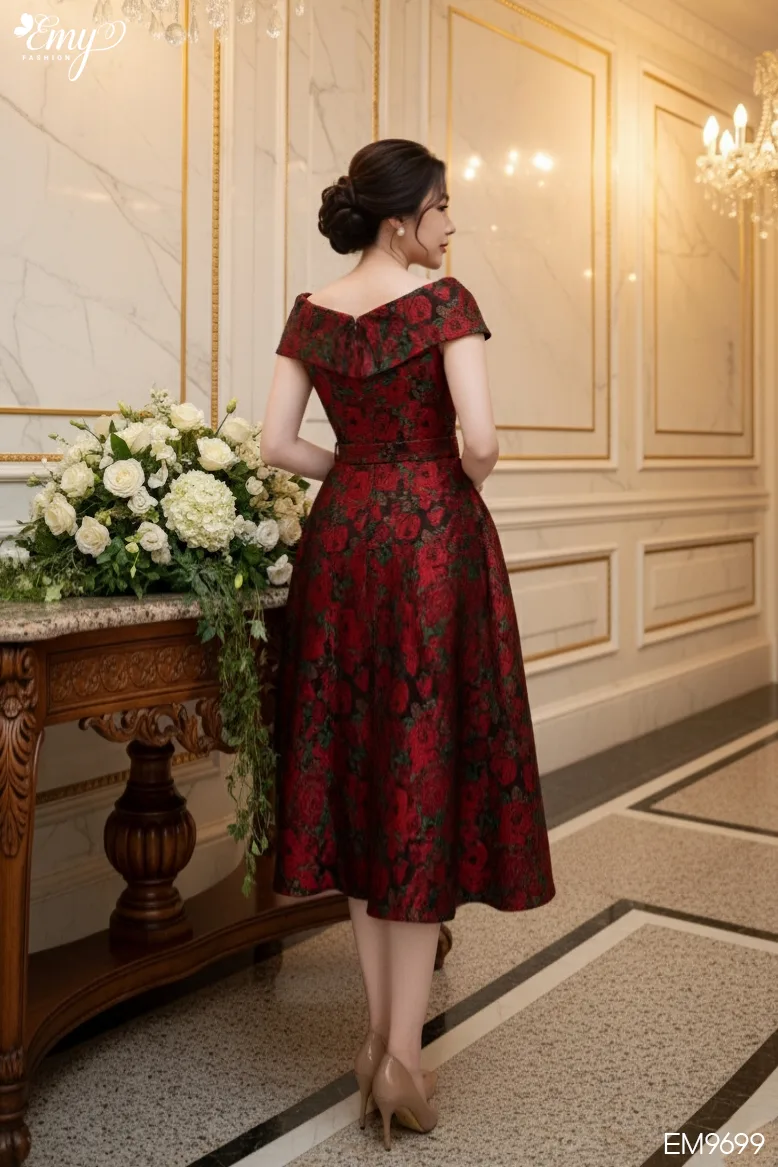 EM9699 Đầm Xoè Tafta Hoa Hồng Đỏ EM9699 Đầm Xoè Tafta Hoa Hồng Đỏ