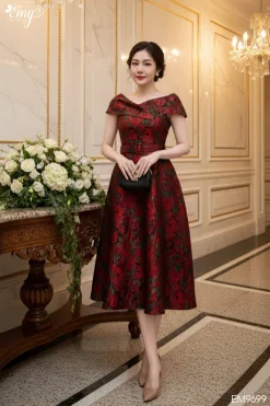 EM9699 Đầm Xoè Tafta Hoa Hồng Đỏ